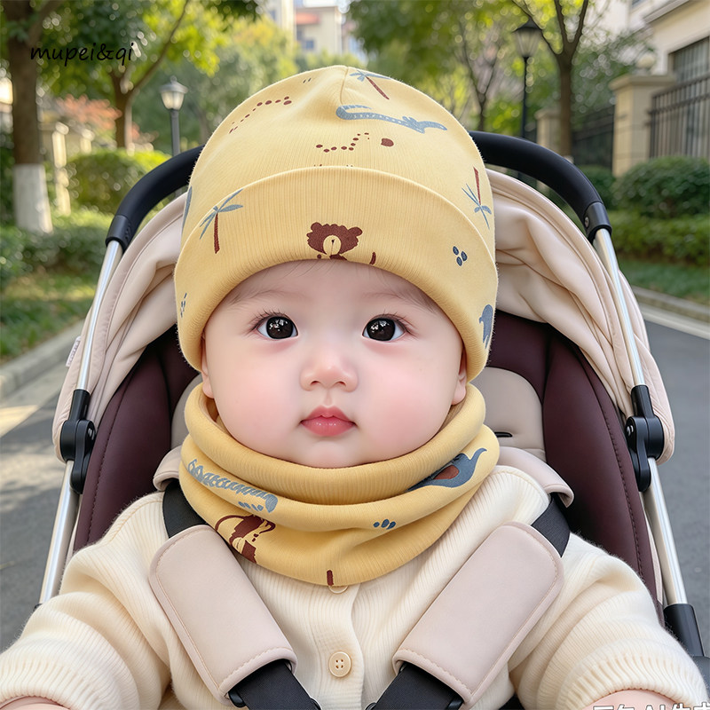 宝宝帽子纯棉可爱套头婴儿帽子围巾套装加厚男女童双层保暖儿童帽