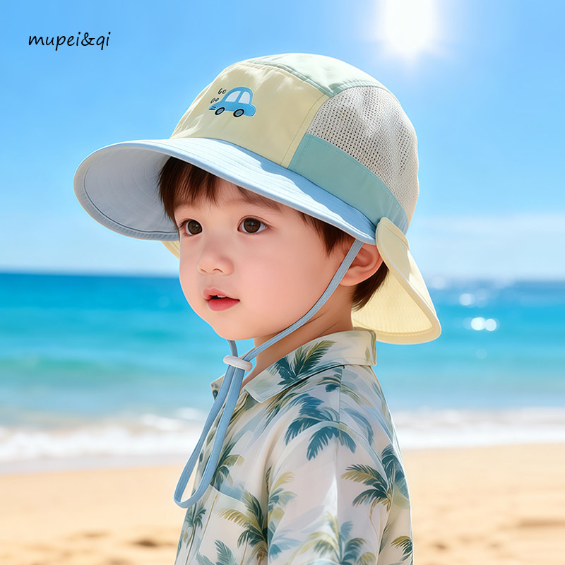 儿童渔夫帽夏季薄男女童卡通可拆卸户外披肩遮阳防晒帽宝宝太阳帽