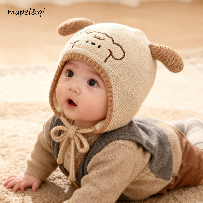 婴儿帽子秋冬季毛线帽护耳帽亲肤保暖可爱男童女宝宝针织套头防风