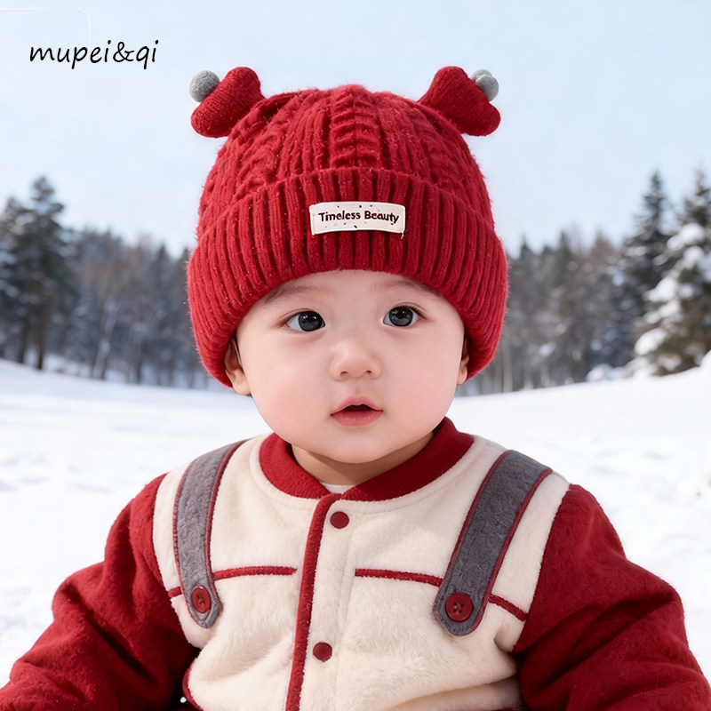 婴幼儿帽子秋冬季红色可爱保暖加厚针织帽新款25宝宝男童女童帽子