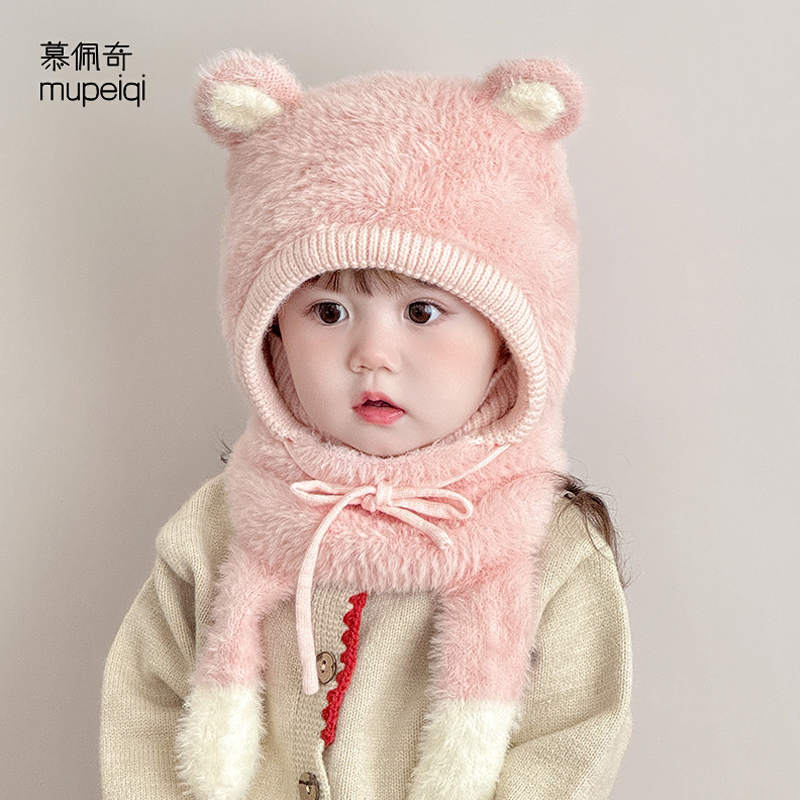 女童帽子冬季围脖口罩一体宝宝男孩保暖加绒儿童护耳针织2025新款