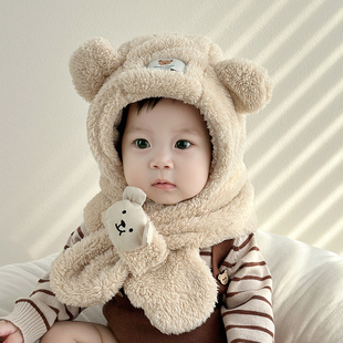 宝宝冬季帽子可爱小熊男童女宝宝加厚毛绒一体帽子围脖两件套韩版