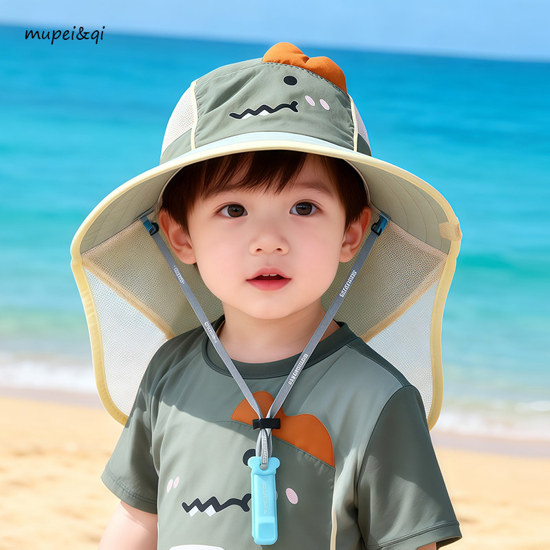 儿童帽子夏季防晒遮阳帽披肩恐龙