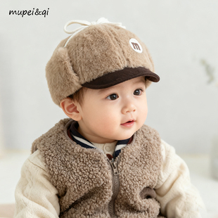 婴儿帽子秋冬可爱超萌护耳字母鸭舌帽男女童宝宝毛绒棒球韩版新款