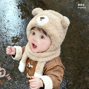 宝宝帽子围巾一体帽秋冬款可爱婴儿会叫的保暖加厚男女儿童护耳帽