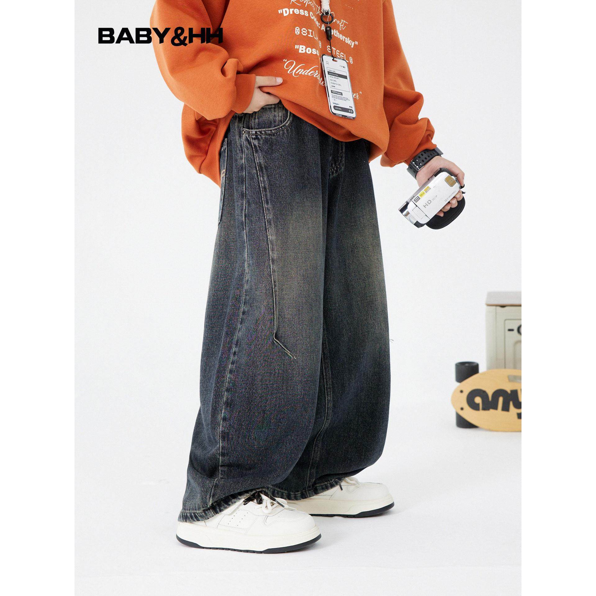 男童秋冬阔腿加绒弯刀牛仔裤2025新款青少年儿童加厚宽松直筒裤子