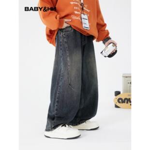 男童秋冬阔腿加绒弯刀牛仔裤2025新款青少年儿童加厚宽松直筒裤子