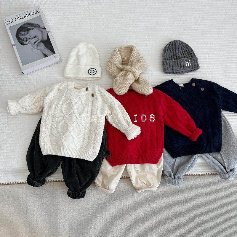 ins冬季男女宝宝纯色加绒套头毛衣婴幼儿红色洋气加厚针织打底衫