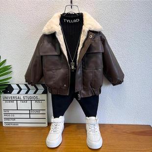 男童皮衣外套秋冬装2024新款痞帅宝宝冬季加绒棉衣儿童加厚皮夹克