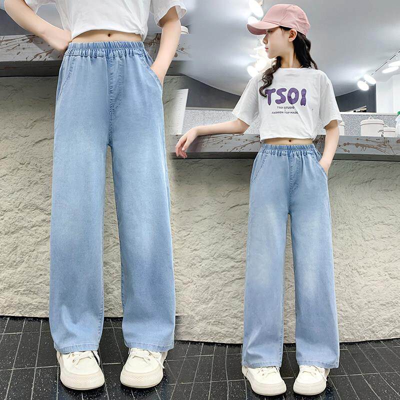 女童夏季薄款阔腿裤新款儿童天丝宽松速干裤大童冰丝防蚊牛仔长裤