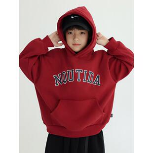 拜年服童装暗红色藏青色一体绒加厚连帽字母卫衣男女童打底衫