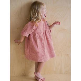 北欧女童装灯芯绒连衣裙长袖2025春秋纯棉条绒裙子女宝粉色公主裙