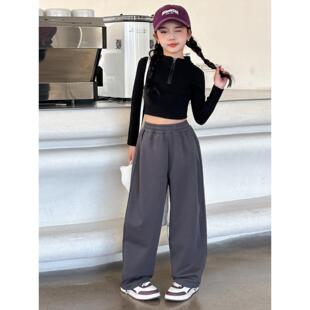 女童长袖短款洋气露脐t恤新款儿童打底衫紧身弹力上衣炸街潮酷潮