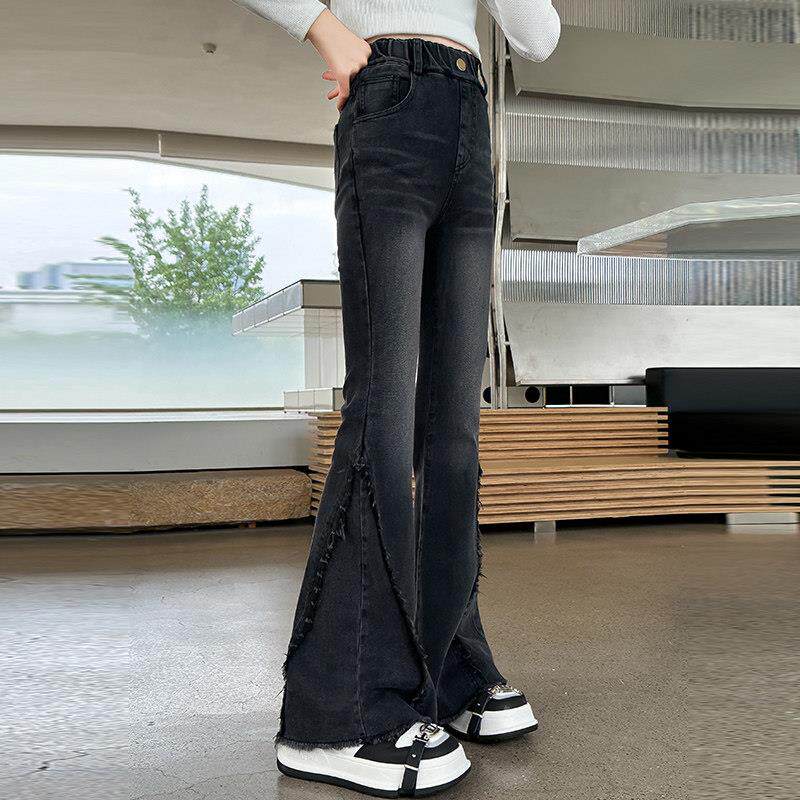 女童裤子春秋款2025新款中大儿童黑色喇叭裤初中生女孩微喇牛仔裤