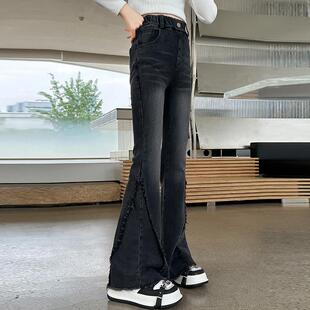 女童裤子春秋款2025新款中大儿童黑色喇叭裤初中生女孩微喇牛仔裤
