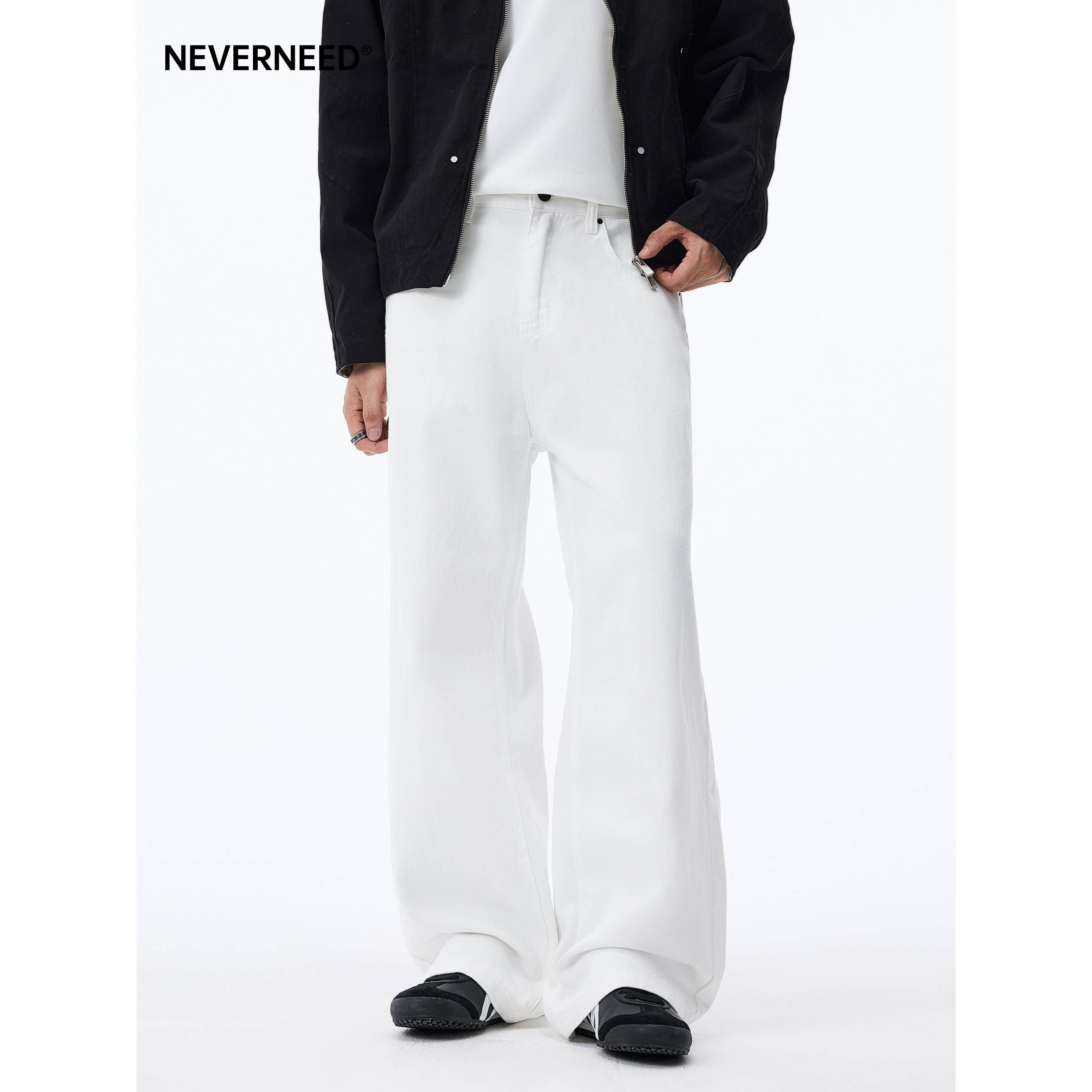 NEVERNEED白色宽松直筒牛仔裤男女秋冬季加绒美式休闲A字阔腿长裤