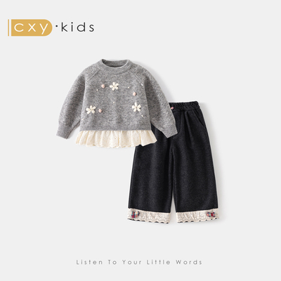 女童套装宝宝毛衣超好看时髦冬装2025新款小公主一体绒洋气阔腿裤