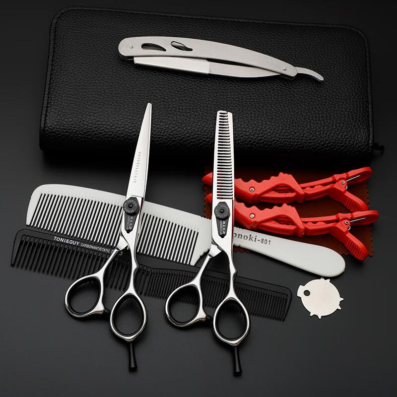 钢夫厄将发型师用平牙剪无痕柳叶胖胖美发理发店剪刀套装E(两件套