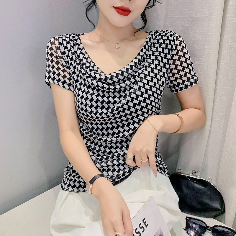 세련된 HOUNDSTOOTH 티셔츠 여성 반팔 여름 드레스 유럽 스타일 주름 탑 슬림 섹시한 메쉬 셔츠 유행