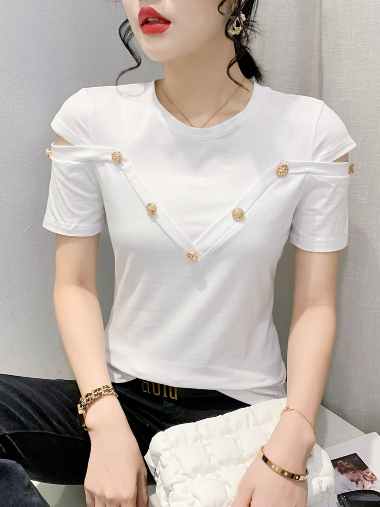 유럽 ????역 2024 여름 새로운 스타일 세련된 오프 숄더 티셔츠 여성 반팔 유행 탑 슬리밍 반팔 티셔츠