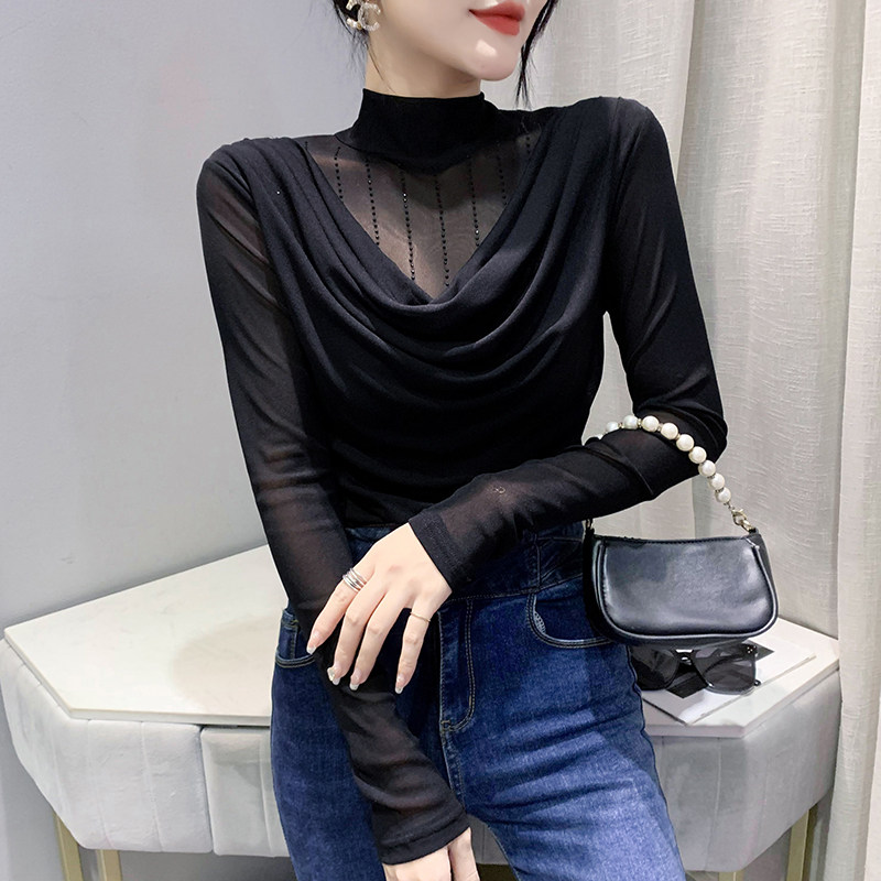 여성용 하프 터틀넥 바닥 셔츠 가을 겨울 유럽 패션 핫 라인스톤 탑 섹시한 메쉬 긴팔 티셔츠