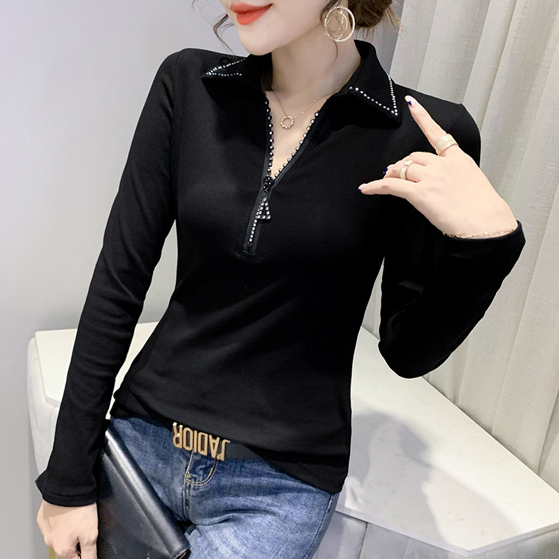 유럽 ??역 2024 가을 겨울 신상 패션 브이넥 티셔츠 여성용 긴팔 지퍼 탑 서양식 슬림하고 다재다능한 바닥 셔츠