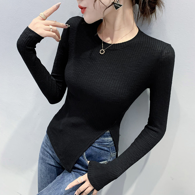 불규칙 슬릿 티셔츠 여성 긴팔 가을 겨울 세련된 디자인 웨스턴 틈새 탑 타이트 내부 레이어링 셔츠