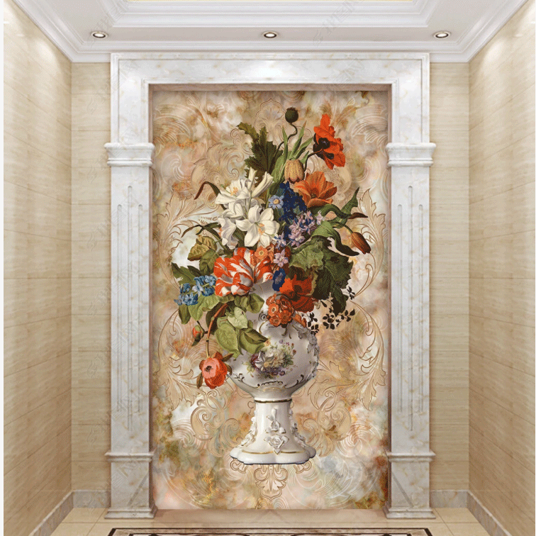 欧式花朵油画花卉背景墙纸玄关壁画竖版客厅过道走廊壁纸无纺布