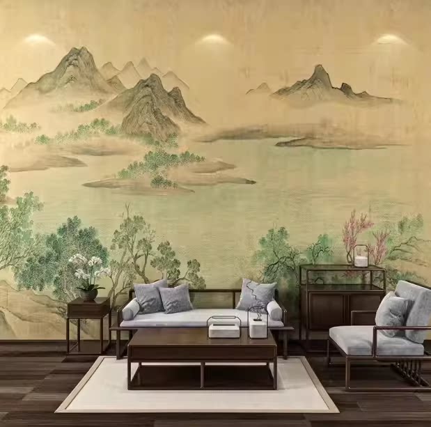 新中式暖色古典水墨山水电视背景墙壁纸客厅沙发墙布无缝卧室壁画
