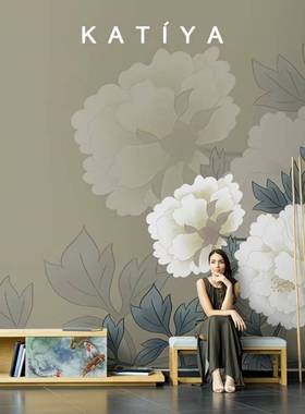 北欧简约手绘花卉墙布蓝色复古花瓣壁纸无缝壁画电视沙发背景墙布