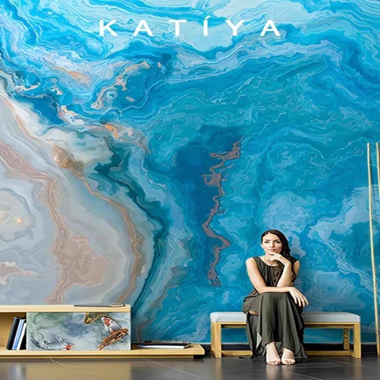 蓝色大理石轻奢高端油画墙布壁纸电视背景墙壁画客厅餐厅