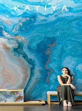 蓝色大理石轻奢高端油画墙布壁纸电视背景墙壁画客厅餐厅