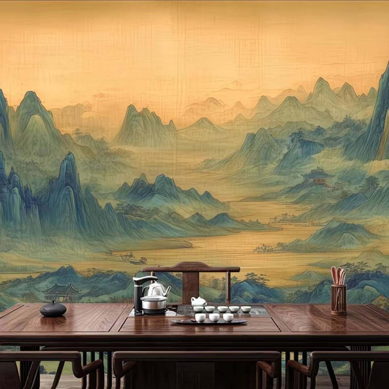 中式餐厅复古墙布电视山水背景墙纸国画壁纸客厅