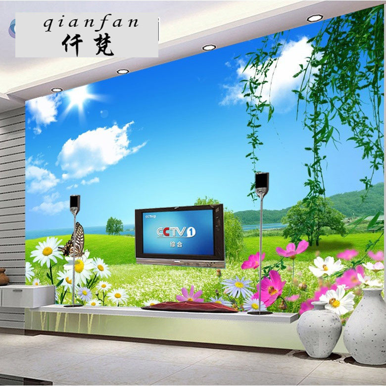 8d电视背景墙壁纸5d立体墙纸田园风景墙布客厅影视墙壁画现代简约