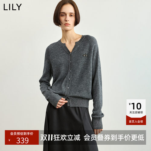 LILY2026冬新款女装羊毛混纺格雷系细闪休闲通勤深色针织开衫外套