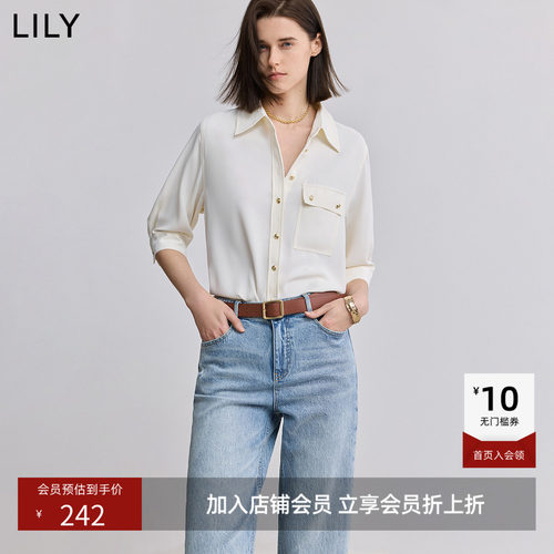LILY2026夏新款女装简约翻领气质通勤宽松休闲纯色七分袖衬衫外套