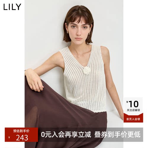 ~LILY2026夏新款莱赛尔亚麻混纺无袖V领镂空立体钩花针织衫背心女