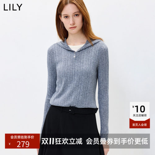 LILY2026秋新款女装羊毛混纺格雷系连帽半开襟休闲通勤套头针织衫