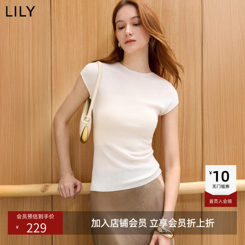 100%羊毛LILY2026秋新款女装简约修身圆领纯色休闲通勤针织衫毛衣