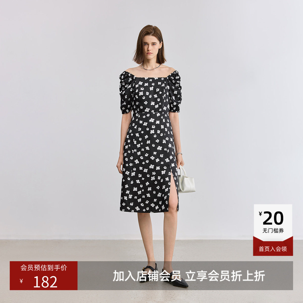 LILY夏新款女装复古老花碎花方领优雅泡泡袖高腰短袖连衣裙