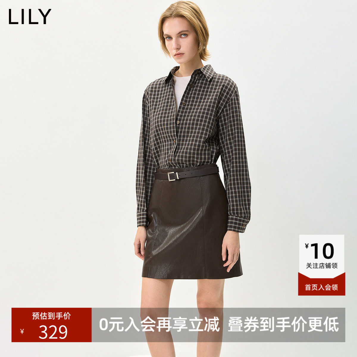 LILY2026秋新款女装复古格纹翻领休闲百搭通勤咖啡色长袖衬衫外套
