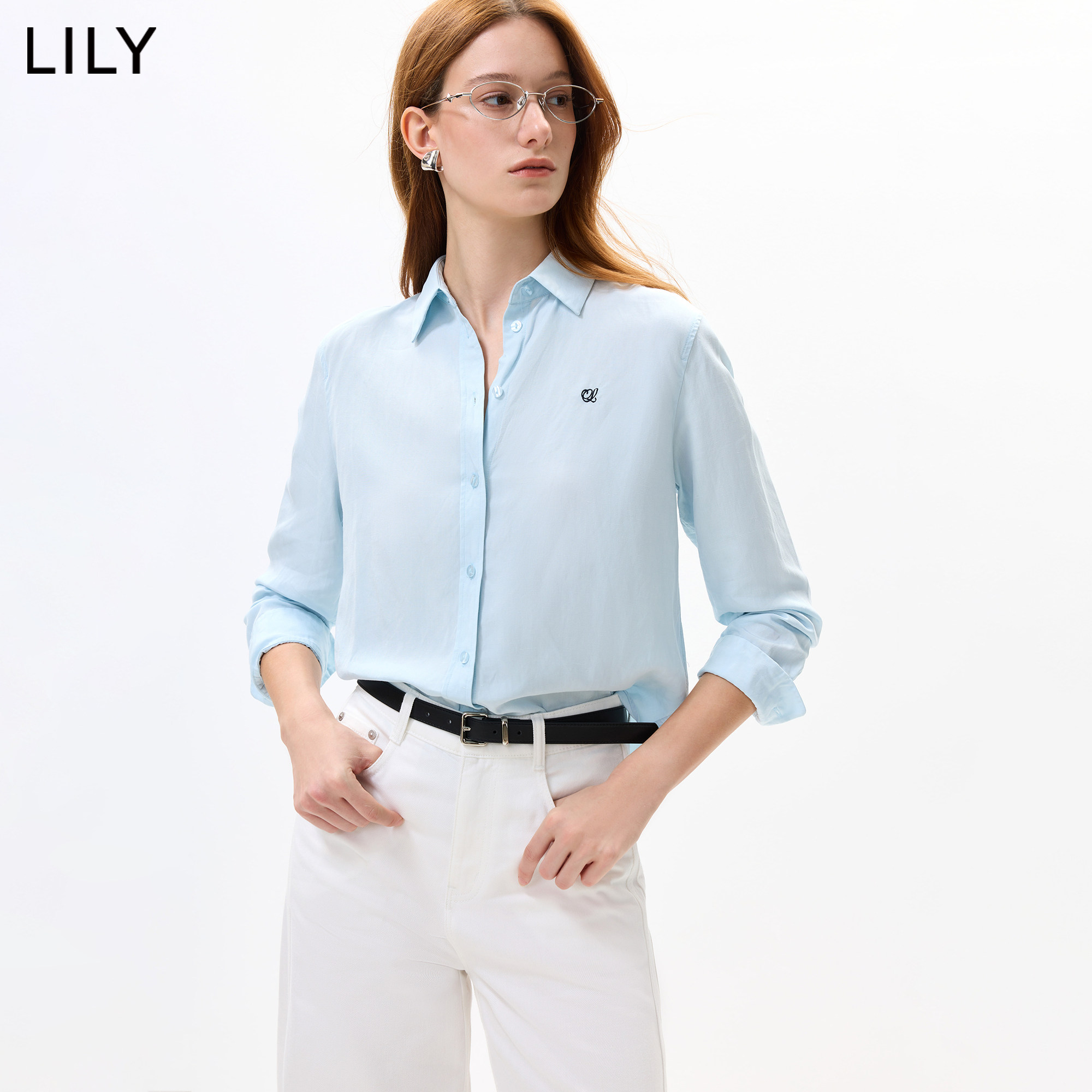 LILY2026秋新款女装莱赛尔亚麻混纺翻领宽松直筒休闲通勤衬衫外套