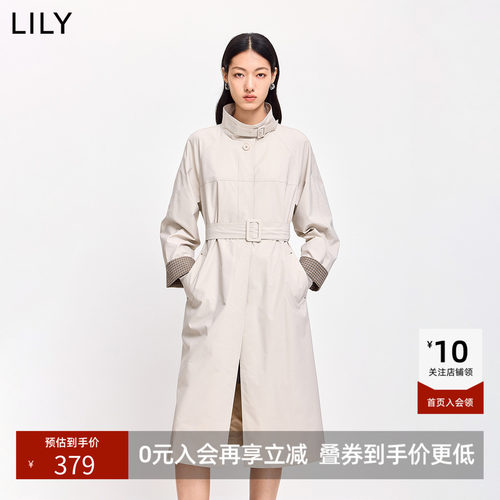 LILY2026春新款女装复古经典小高领腰带收腰宽松休闲通勤风衣外套