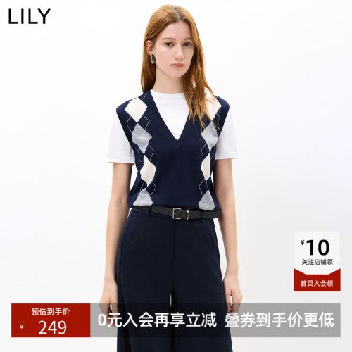 LILY2026秋新款女装复古假两件撞色菱格提花休闲通勤短袖针织衫