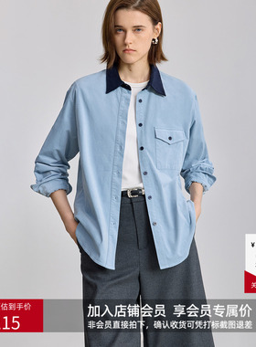 LILY冬新款女装工装撞色水洗灯芯绒翻领宽松休闲蓝色衬衫外套