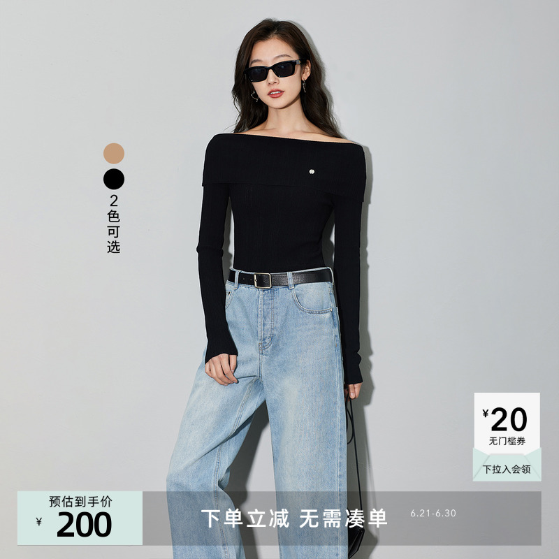 LILY奥莱春款女装气质时尚纯色通勤竖坑条纹长袖毛针织衫打底衫