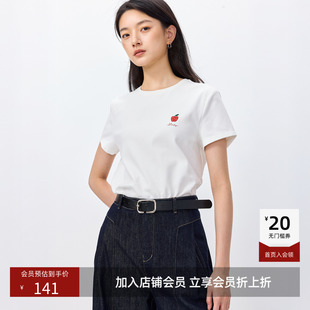 LILY2026春新款撞色苹果刺绣磨毛暖感休闲通勤圆领白色短袖T恤女