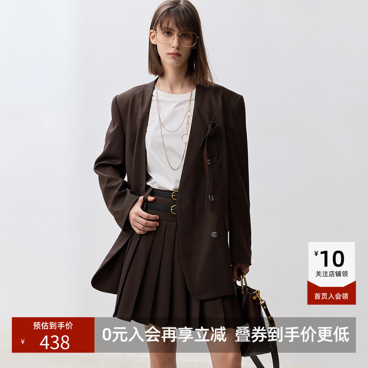 LILY款可可棕设计感无领大廓形西装外套女款