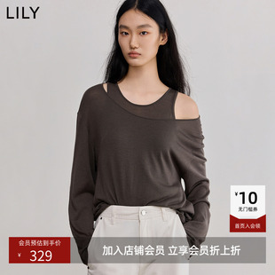 【商场同款】LILY春新款女装设计感简约落肩宽松茶色针织衫