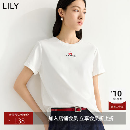 LILY2026夏新款含莱赛尔简约正肩撞色刺绣图案休闲短袖T恤内搭女